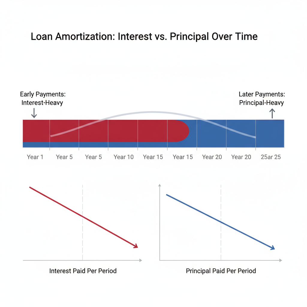 Amortization timeline visualization showing how payments shift from interest-heavy to principal-heavy over time